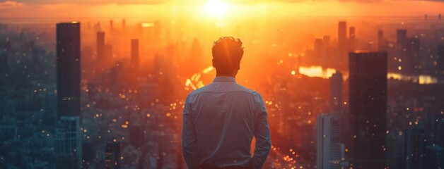 man in shirt looking into city at sunset