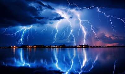 Naklejka na ściany i meble Thunderstorm over the lake at night. Dramatic sky and lightning