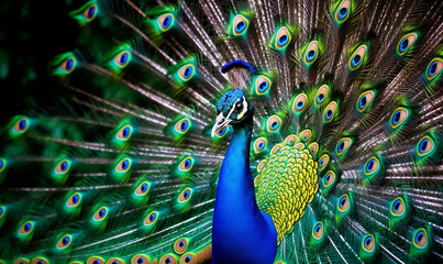 Obraz premium Beautiful peacock with feathers out. Close up of beautiful peacock.