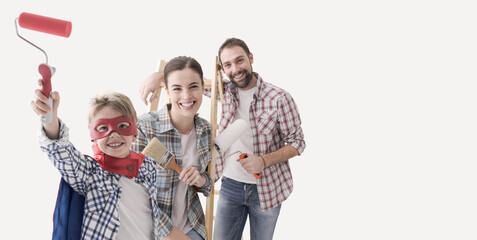 Happy family renovating their home