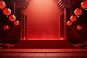 empty stage and lanterns with red background 3d rendering with generative ai - obrazy, fototapety, plakaty