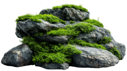 Moss and grass covered rock isolated on a white background