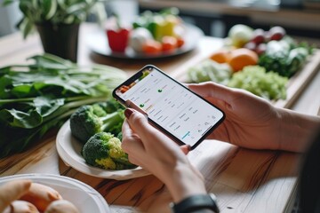 Person using smartphone app to track calories and macronutrients, managing diet and maintaining...