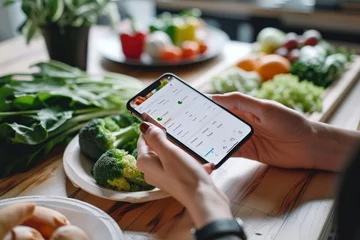 Selbstklebende Fototapeten Person using smartphone app to track calories and macronutrients, managing diet and maintaining healthy lifestyle, Generative AI © Imagery Innovators