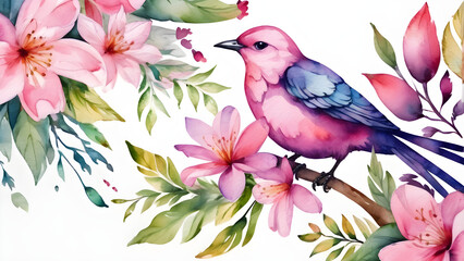 Bird on a branch with flowers watercolor illustration