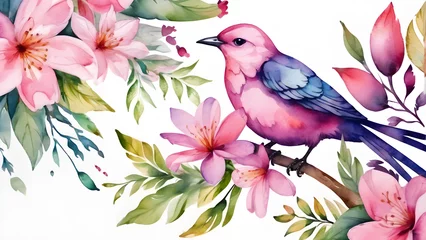 Schilderijen op glas Bird on a branch with flowers watercolor illustration © MORKVA