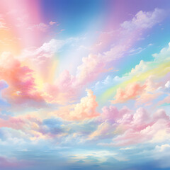 Illustration of an abstract rainbow sky with fluffy clouds.