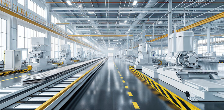 A wide-angle view of a modern, bright, and spacious industrial factory with machinery and a yellow guided pathway.
