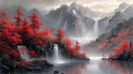 Fall Foliage Frenzy: A Spectacular Scenery of Red Trees and Waterfalls Generative AI