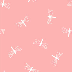 Fototapeta na wymiar Pink seamless pattern with white dragonfly