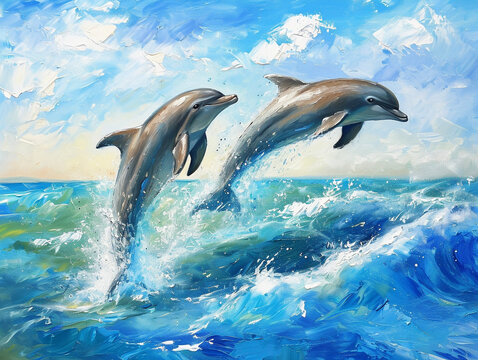夏の海とジャンプする2頭のイルカの油絵　Generative AI