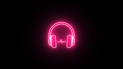 Glowing Wireless headphones sign. Glowing neon headphone icon with sound wave on the black background. neon earphone icon.