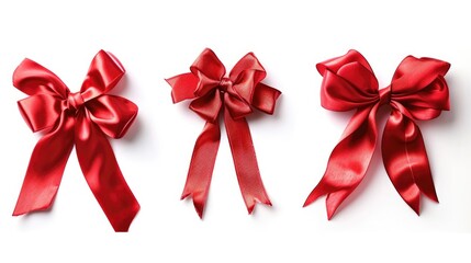 Fototapeta premium Three Red Satin Bows on White Background