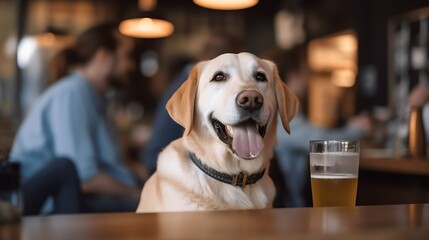 Pet friendly places concept. Smiling golden retriever sitting at the table in a cafe. Emotional support concept. - obrazy, fototapety, plakaty