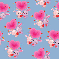 Cute colorful cartoon bunny with hearts and balloon seamless pattern template. Valentine's day bright vector illustration for games, background, pattern, decor. Print for fabrics and other surfaces.