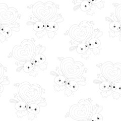 Cute graphic cartoon bunny with hearts and balloon seamless pattern sketch template. Valentine's day vector illustration in black and white for games. Coloring paper, page, book