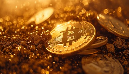 Digital Gold Rush, Capture the excitement and energy of the cryptocurrency world, illustrating the concept of a modern-day gold rush with Bitcoin at the forefront, AI