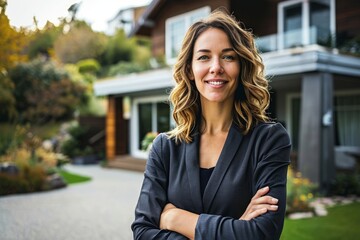 d imageConfident American female real estate agent stands proudly outside a modern home, radiating expertise and approachability, ready to assist potential buyers, Generative AI - obrazy, fototapety, plakaty