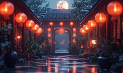 Obraz premium Chinese New Year Celebration: A Lunar Nighttime Stroll Generative AI