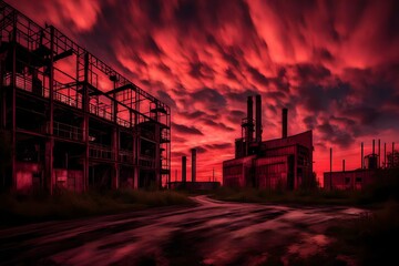  Abandoned industrial complex under a blood-red sky at dusk