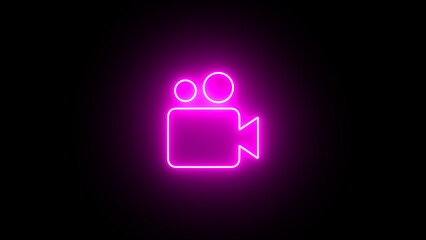 Neon glowing video camera icon, sign, symbol on black background. neon Video Camera Icon Design Illustration.