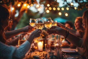 Group of friends toasting white wine at an outdoor dinner party, embodying social celebration in an authentic, lifestyle-oriented scene, Generative AI