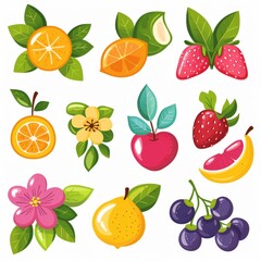 Exotic set of fruits and flowers