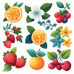 Colorful set of fruits and flowers