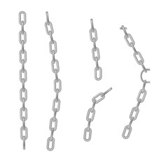 Free metal chain with whole or break steel chrome links. Collection of seamless metal chains colored silver. Vector