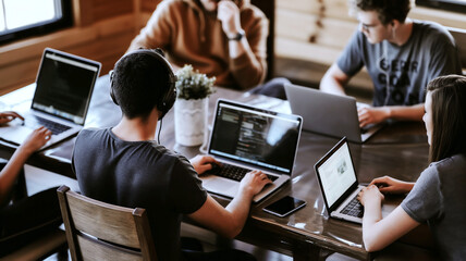 coding teamwork with laptops and technology focus