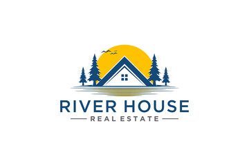 House logo residential business property, pine tree and river lake illustration.