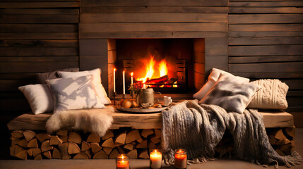 Warm and Inviting Fireplace in a Home: Vintage Interior with Wood Burning, Symbolizing Winter Warmth