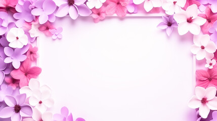Fototapeta na wymiar Banner with frame with pink flowers, space for text on light background top view. Greeting card with flowers for Women's Day, Valentine's Day, birthday, birth of children, wedding, anniversary