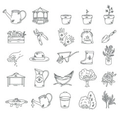25 beautiful hand drawn garden icon set vector illustration, gardening pictograms - 717816349