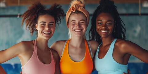 Group of female athletes celebrate their healthy and active lifestyle in a sports studio