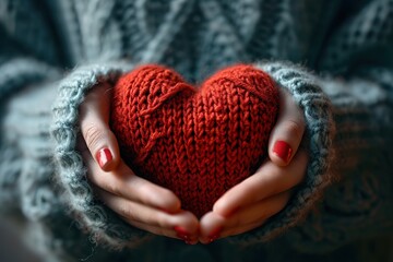 Female hands holding red heart stock photo. ein rotes gestricktes Herz in den Händen halten - obrazy, fototapety, plakaty