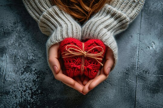 Close up on female hands holding a gift in a red heart presents for valentine day, birthday, mother's day. Flat lay. Symbol of love. Valentines day background with a gift boxes on concrete board