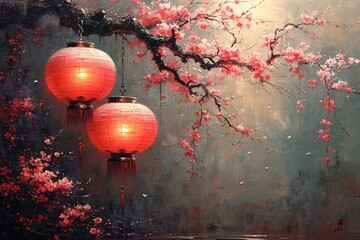 Flower Power: Cherry Blossoms and Red Lanterns Generative AI