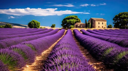 Fototapeta premium Provence sun, lavender fields, captivating scene, essence of tranquility, natural beauty, kisses. Generated by AI.
