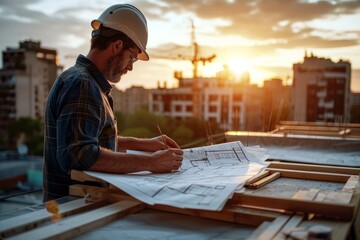 An architect scrutinizes building plans on a rooftop, overseeing an outdoor construction project, reflecting expertise and commitment to design excellence, Generative AI - obrazy, fototapety, plakaty