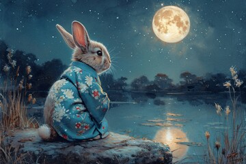 Rabbit in a Kimono, Staring at the Moon Generative AI