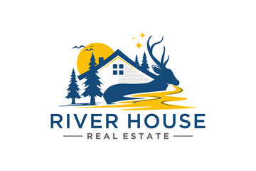 River house ranch sunset, property business logo with silhouette elements of antlered deer, pine trees and river or lake water. 