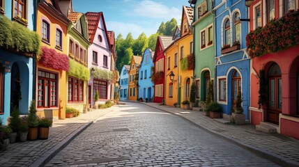 A serene settlement with winding cobblestone streets. Quaint village, meandering pathways, historic cobblestone roads. Generated by AI. - obrazy, fototapety, plakaty