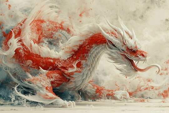 Dragon Dance: A Red and White Mural Generative AI
