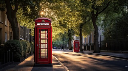 Classic, red telephone booth, charming streets, quintessential, London landmark, communication, vintage, iconic. Generated by AI.