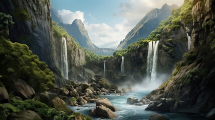 Fototapeta na wymiar Stunning waterfall cascades down a rocky cliff. Grand spectacle, rugged terrain, natural beauty, picturesque scenery, mesmerizing cascade. Generated by AI.