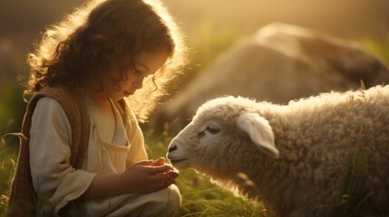 Capturing serenity: a tender portrayal of the little child Jesus Christ herding sheep, an endearing and symbolic scene embodying innocence, faith, and the pastoral charm of the biblical narrative - obrazy, fototapety, plakaty