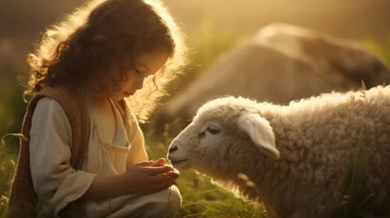 Fotobehang Capturing serenity: a tender portrayal of the little child Jesus Christ herding sheep, an endearing and symbolic scene embodying innocence, faith, and the pastoral charm of the biblical narrative © Ruslan Batiuk