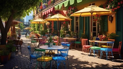 Fototapeta na wymiar Idyllic sun-kissed café with charming outdoor seating and colorful umbrellas. Quaint appeal, al fresco comfort, vibrant canopy. Generated by AI.