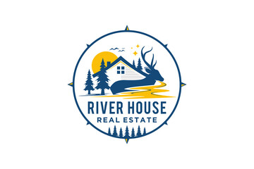 Obraz premium River house ranch sunset, property business logo with silhouette elements of antlered deer, pine trees and river or lake water. 